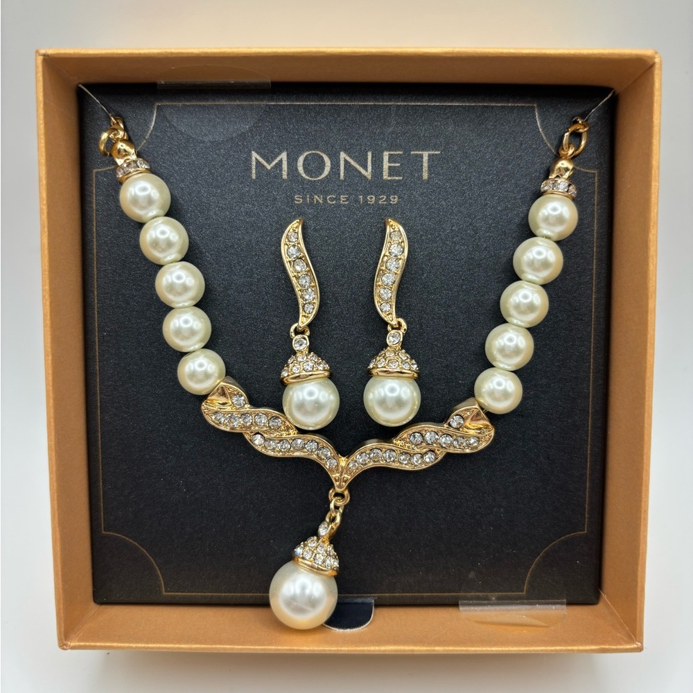 Monet Gold-Tone Pearl and Crystal Necklace with Drop Pearl Earrings - Ivory